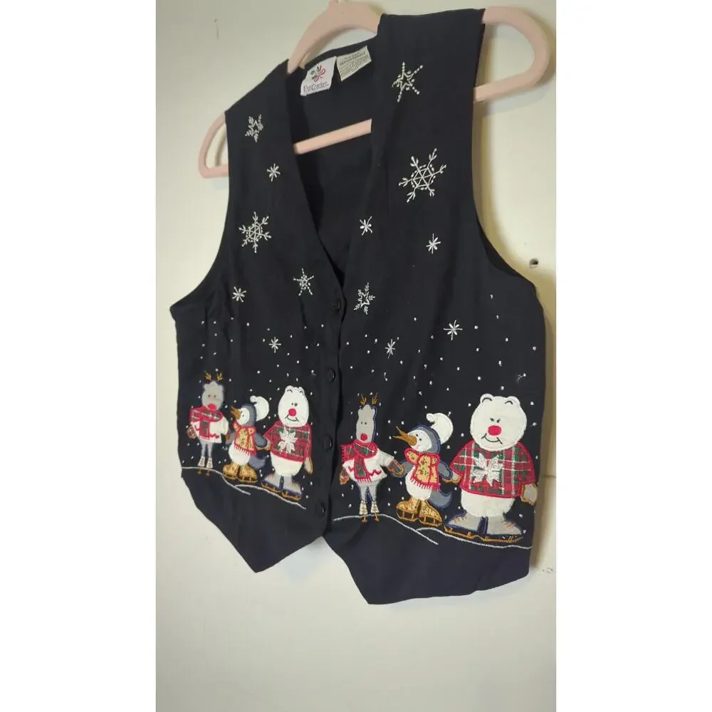 Nostalgic Vintage Winter Festival Embroidered Patchwork Holiday Vest Women's M.